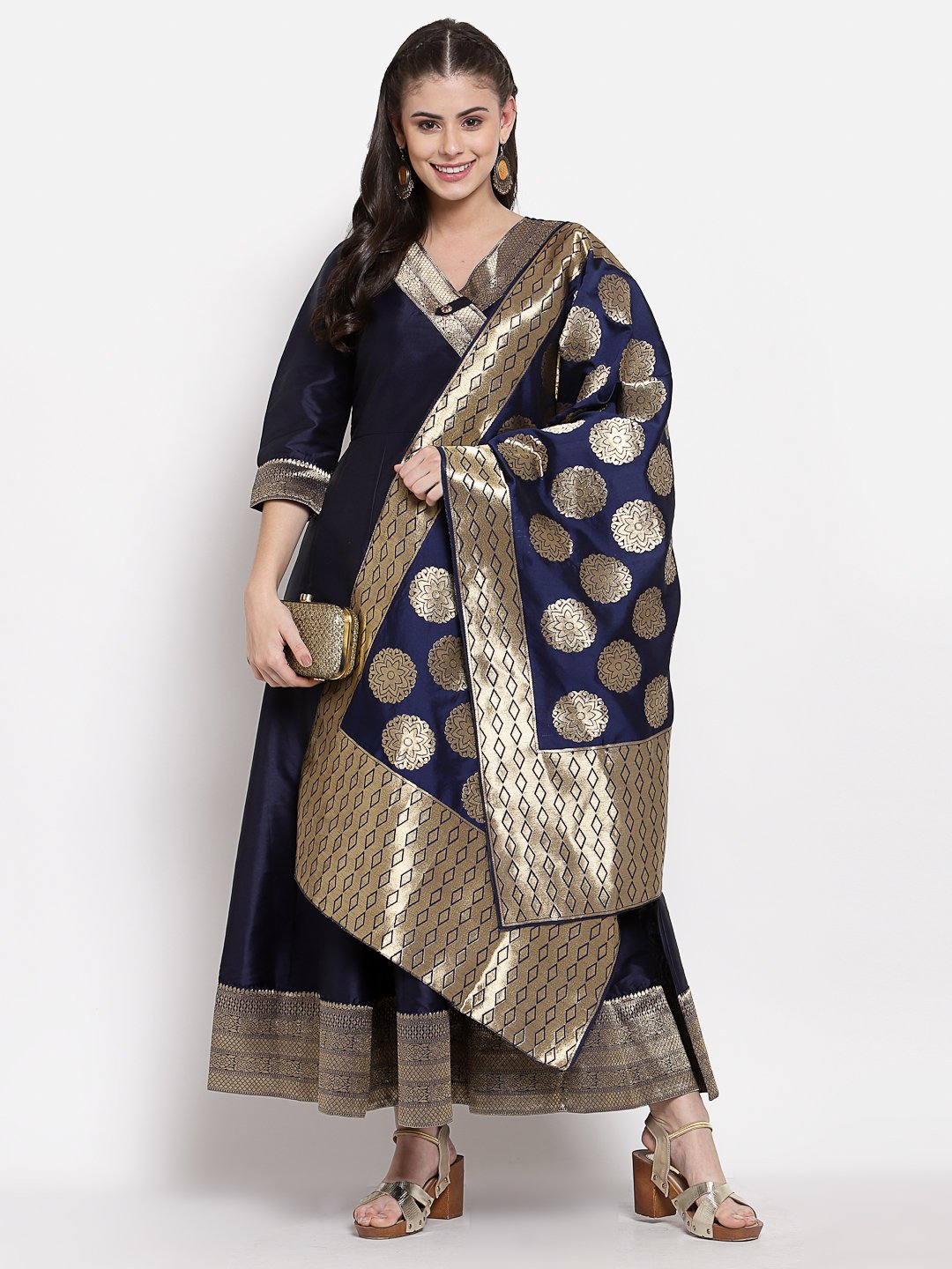 Women's Multi Silk Solid 3/4 Sleeve V Neck Casual Anarkali Gown