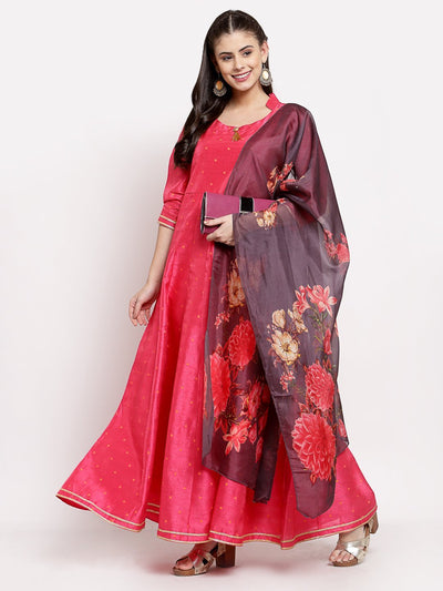 Women's Pink Silk Solid 3/4 Sleeve Round Neck Casual Anarkali Gown