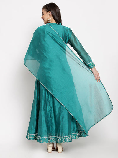 Women's Green Silk Solid Full Sleeve Mandarin Neck Casual Anarkali Gown