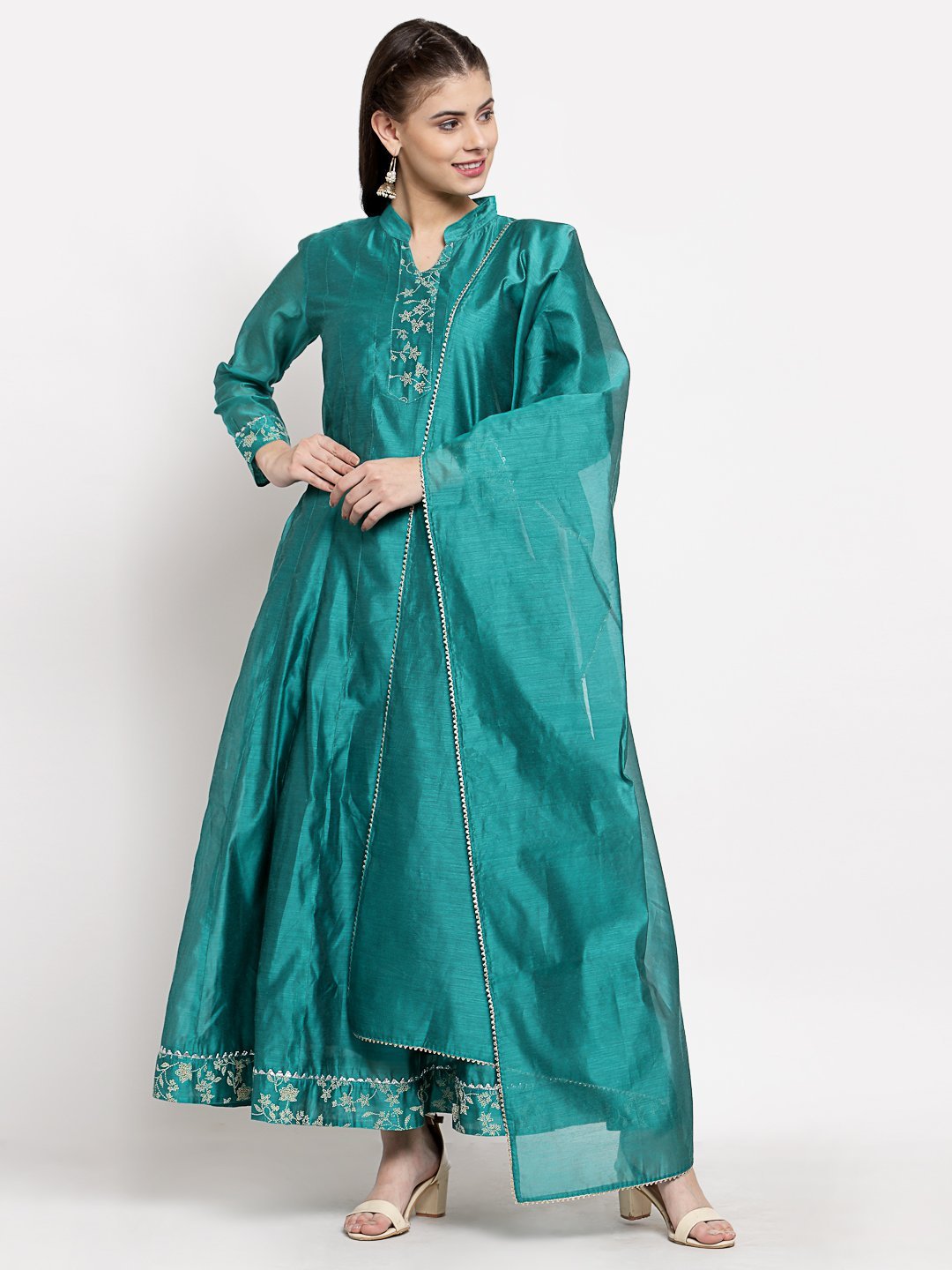 Women's Green Silk Solid Full Sleeve Mandarin Neck Casual Anarkali Gown
