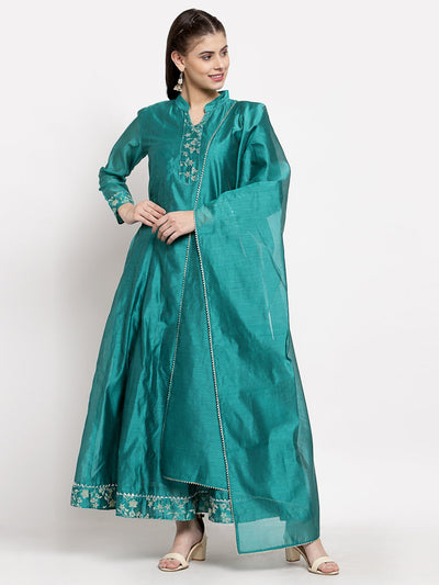 Women's Green Silk Solid Full Sleeve Mandarin Neck Casual Anarkali Gown