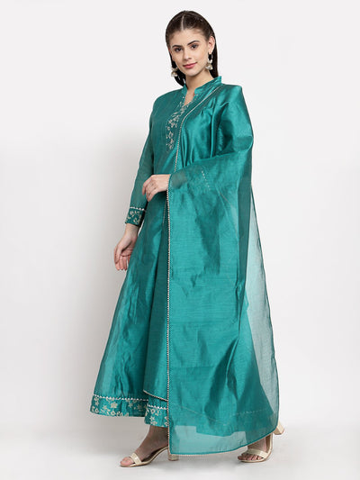 Women's Green Silk Solid Full Sleeve Mandarin Neck Casual Anarkali Gown