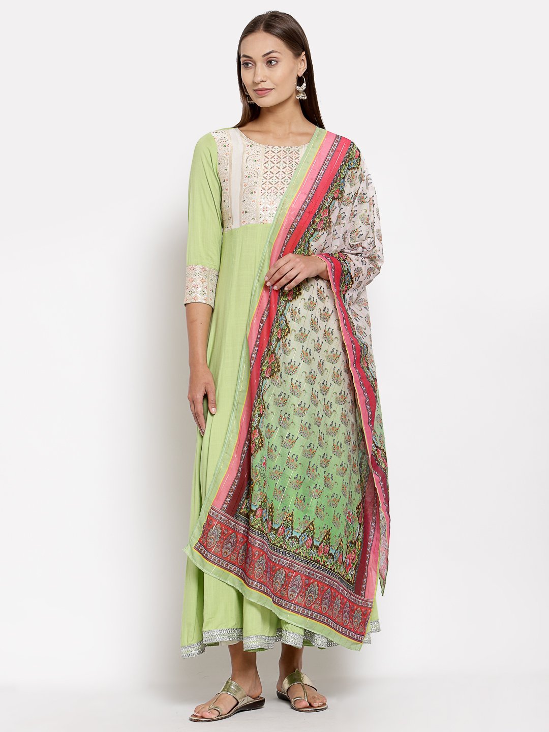 Women Green Anarkali Kurta with Dupatta Set by Myshka (