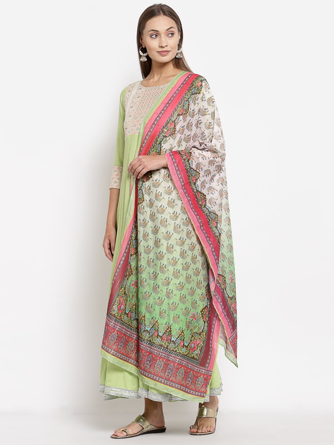 Women Green Anarkali Kurta with Dupatta Set by Myshka (