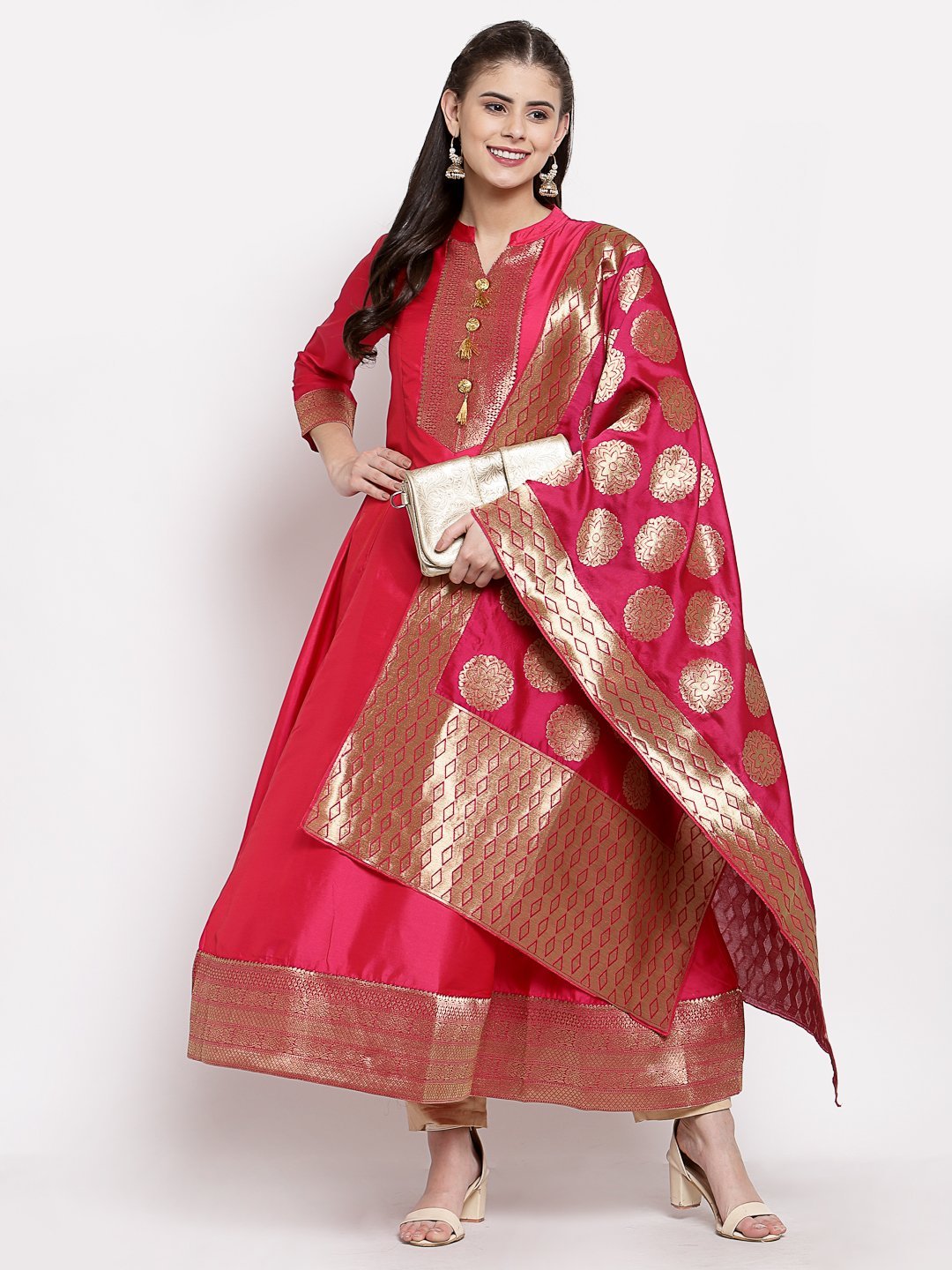 Women's Red Poly Silk Solid Full Sleeve Mandarin Neck Casual Anarkali Gown