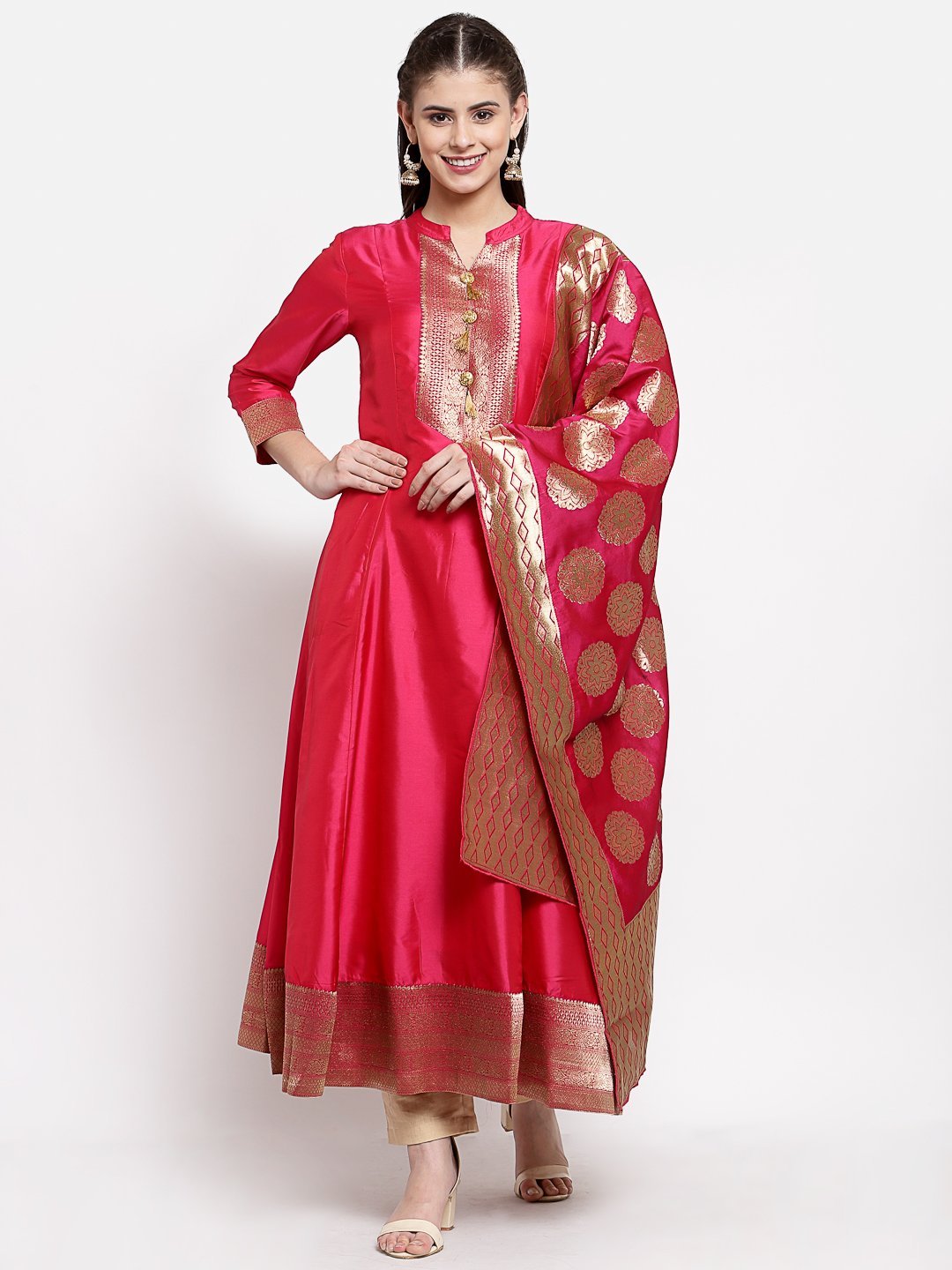Women's Red Poly Silk Solid Full Sleeve Mandarin Neck Casual Anarkali Gown