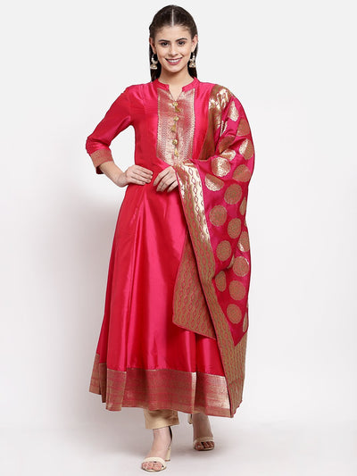 Women's Red Poly Silk Solid Full Sleeve Mandarin Neck Casual Anarkali Gown