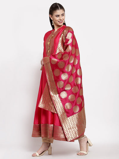 Women's Red Poly Silk Solid Full Sleeve Mandarin Neck Casual Anarkali Gown