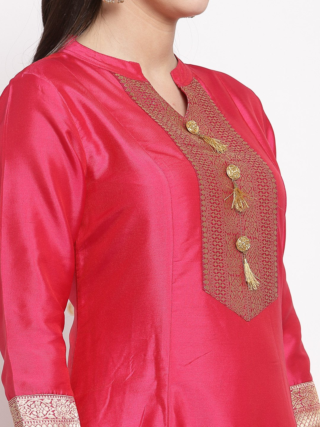 Women's Red Poly Silk Solid Full Sleeve Mandarin Neck Casual Anarkali Gown