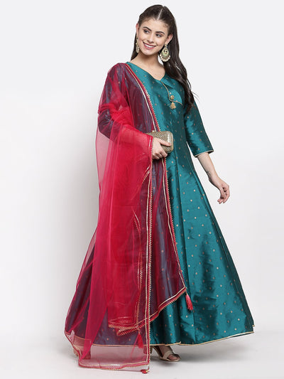 Women Green Silk Anarkali Kurta with Dupatta Set by Myshka (