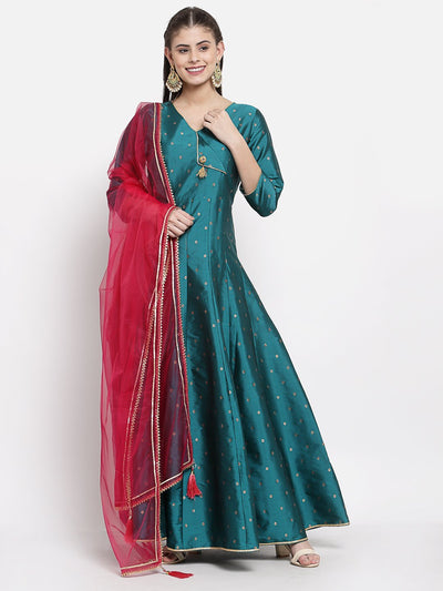 Women Green Silk Anarkali Kurta with Dupatta Set by Myshka (