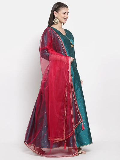 Women Green Silk Anarkali Kurta with Dupatta Set by Myshka (