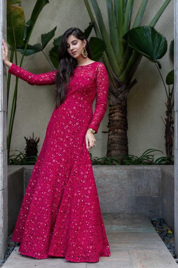 Women's Deep Red Thread Work Gown