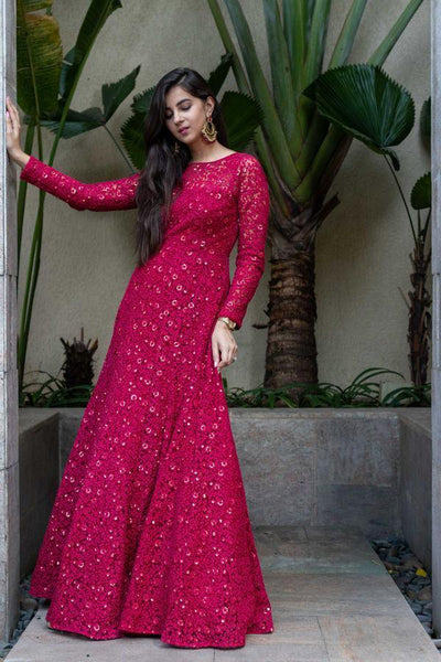 Women's Deep Red Thread Work Gown