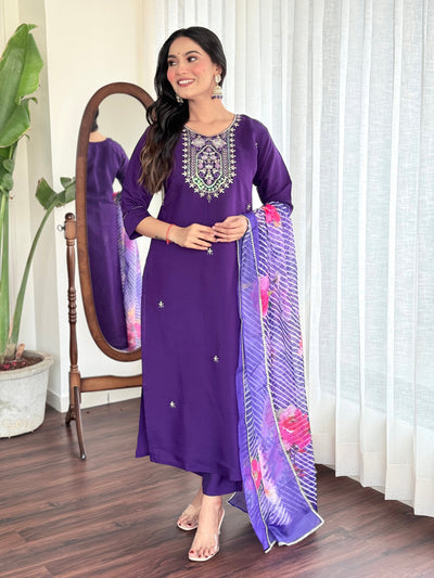 Women's Round Neck Embroidered Work Chanderi Viscose Fabric Kurta & Pant With Dupatta Set