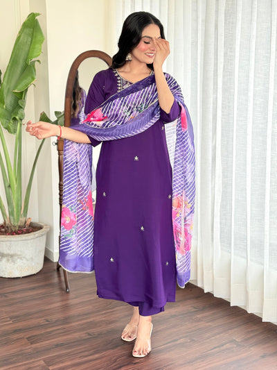 Women's Round Neck Embroidered Work Chanderi Viscose Fabric Kurta & Pant With Dupatta Set