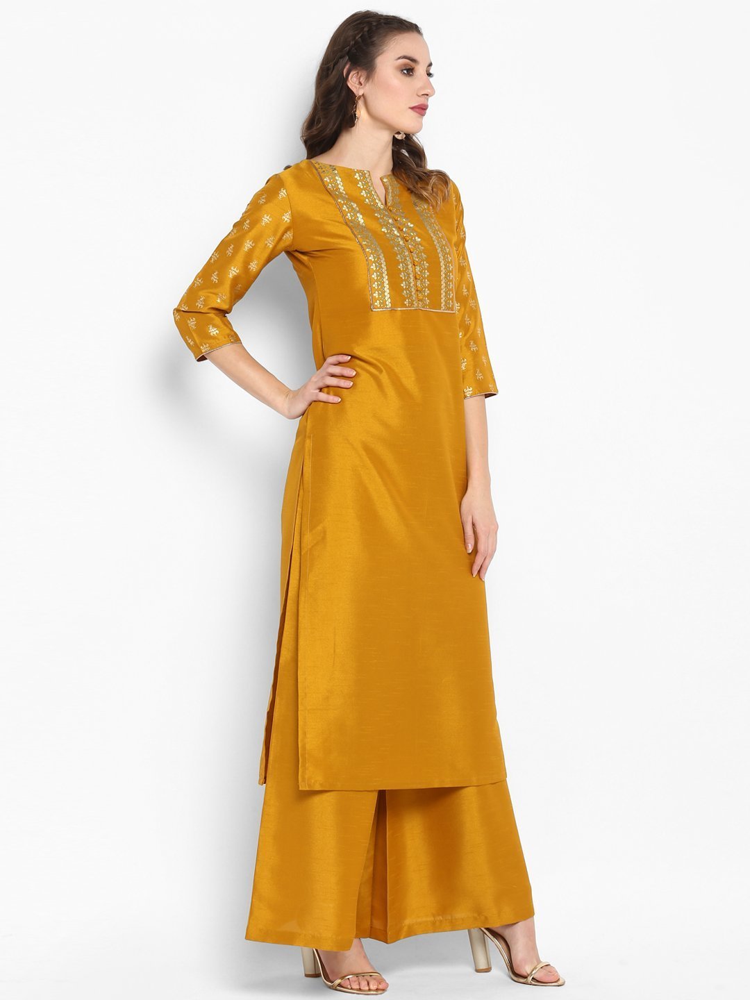 Women's Mustard Poly Silk Kurta With Palaz