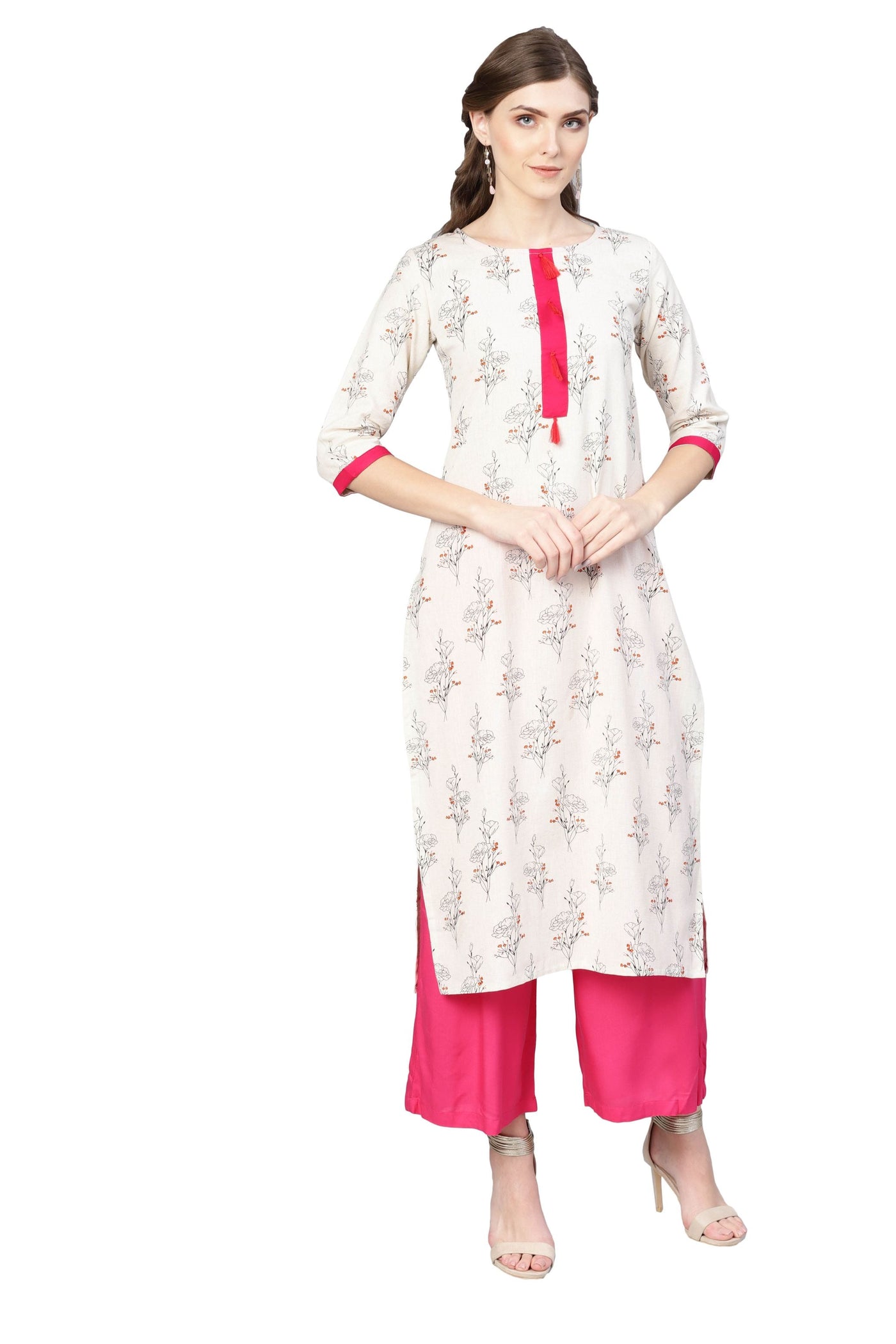 Women's Off White Cotton Printed Half Sleeve Round Neck Dress