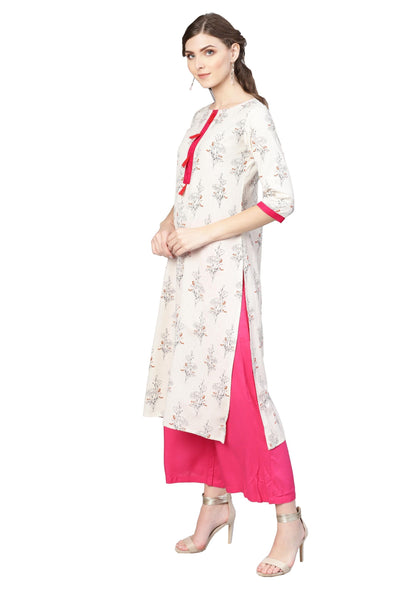 Women's Off White Cotton Printed Half Sleeve Round Neck Dress