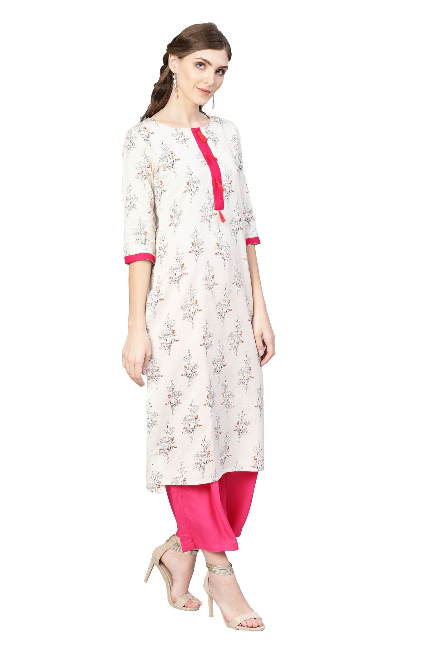 Women's Off White Cotton Printed Half Sleeve Round Neck Dress