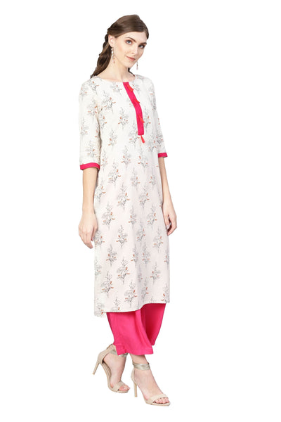 Women's Off White Cotton Printed Half Sleeve Round Neck Dress