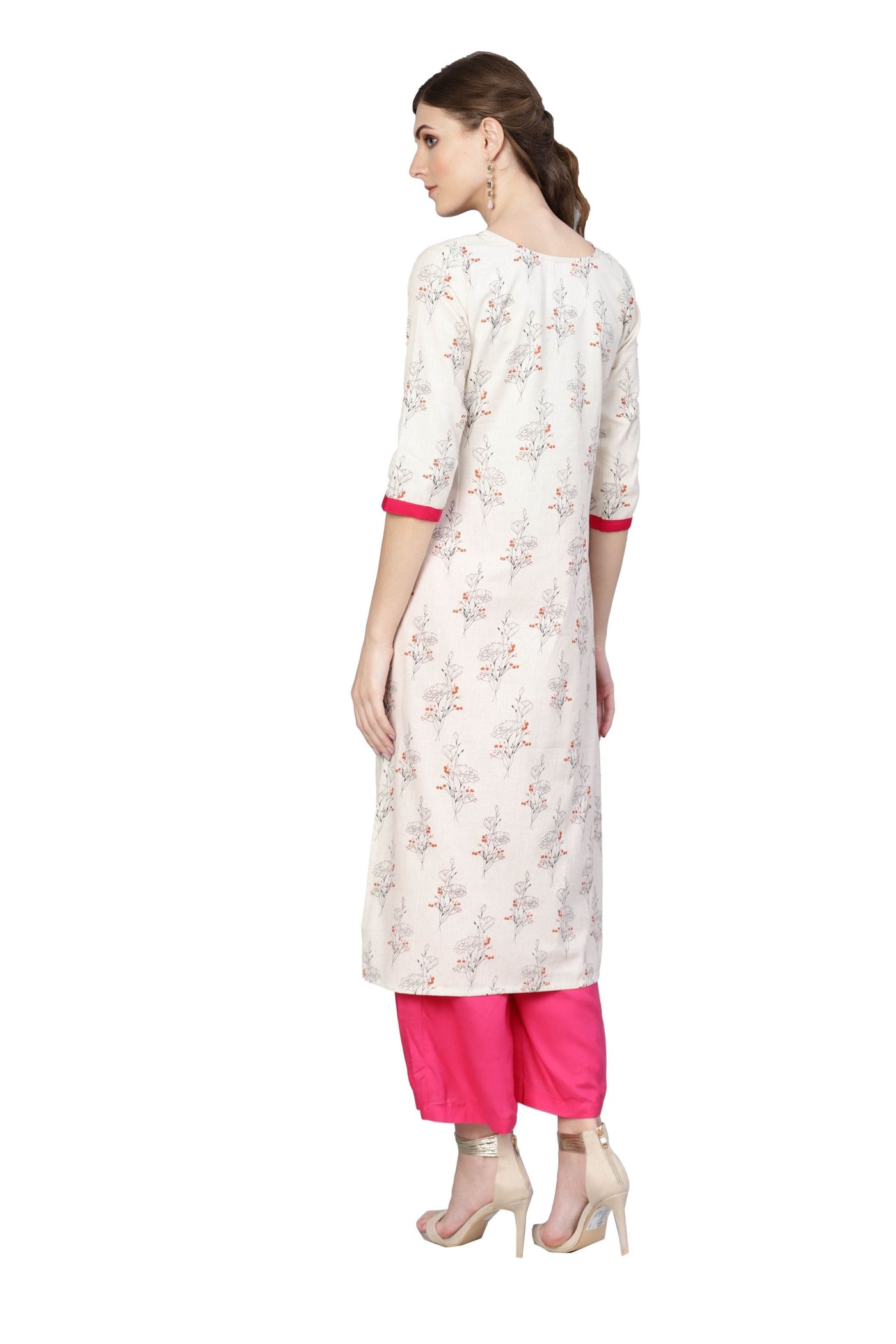 Women's Off White Cotton Printed Half Sleeve Round Neck Dress