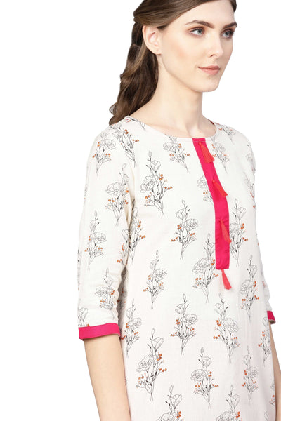 Women's Off White Cotton Printed Half Sleeve Round Neck Dress