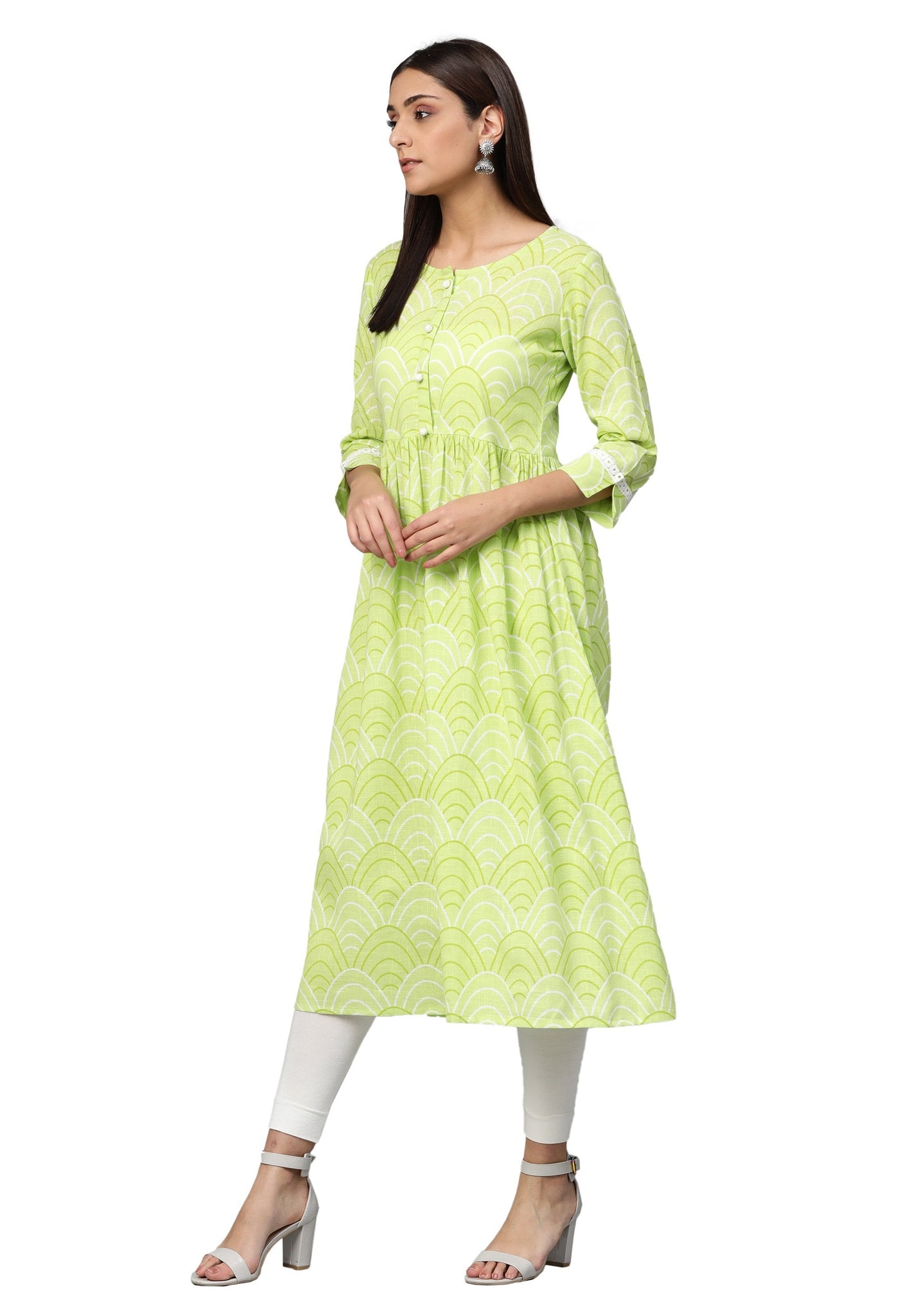 Women Green Cotton Printed Dress by Myshka (1