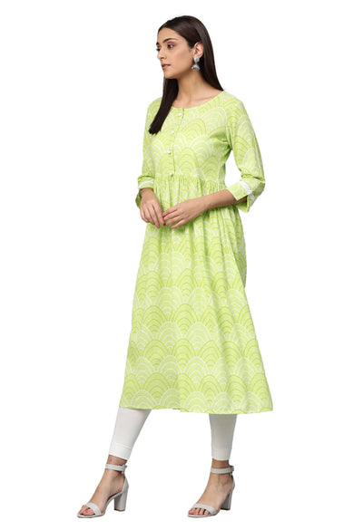 Women Green Cotton Printed Dress by Myshka (1