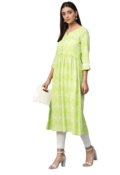 Women Green Cotton Printed Dress by Myshka (1