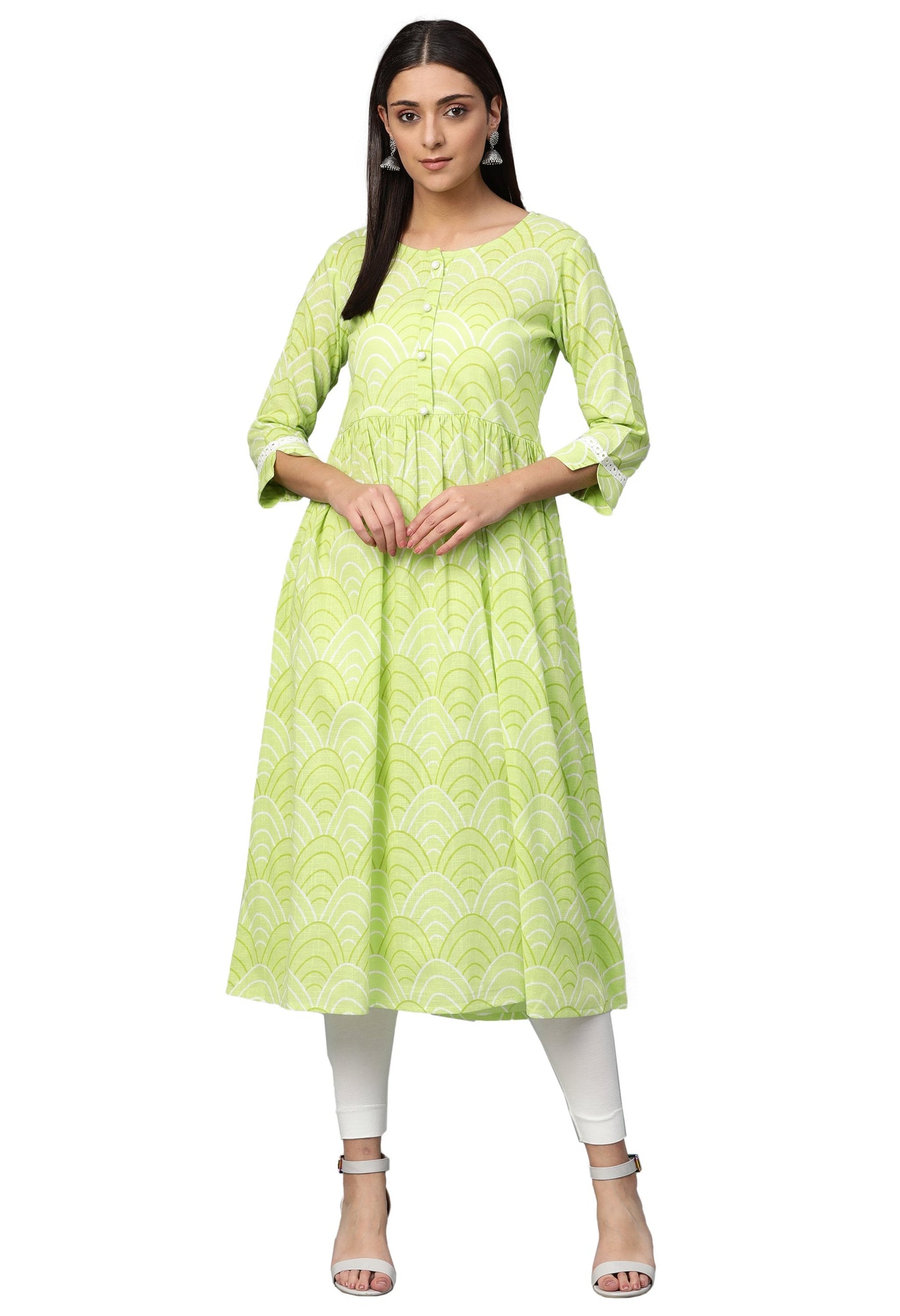 Women Green Cotton Printed Dress by Myshka (1