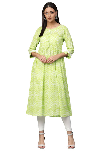 Women Green Cotton Printed Dress by Myshka (1