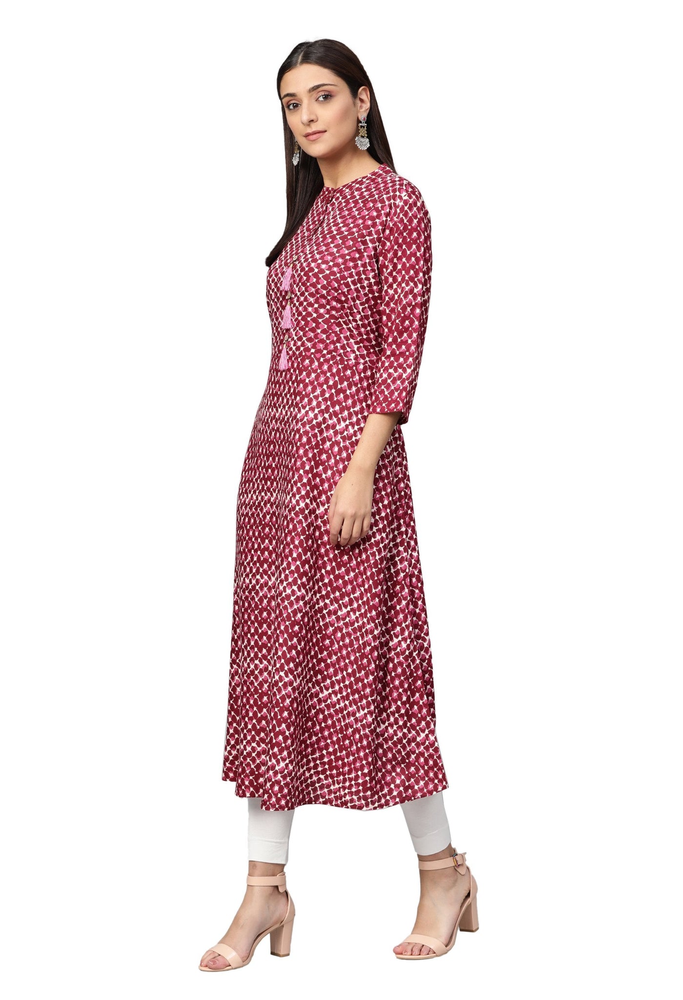 Women's Pink Rayon Printed 3/4 Sleeve Mandarin Neck Casual Kurta Only