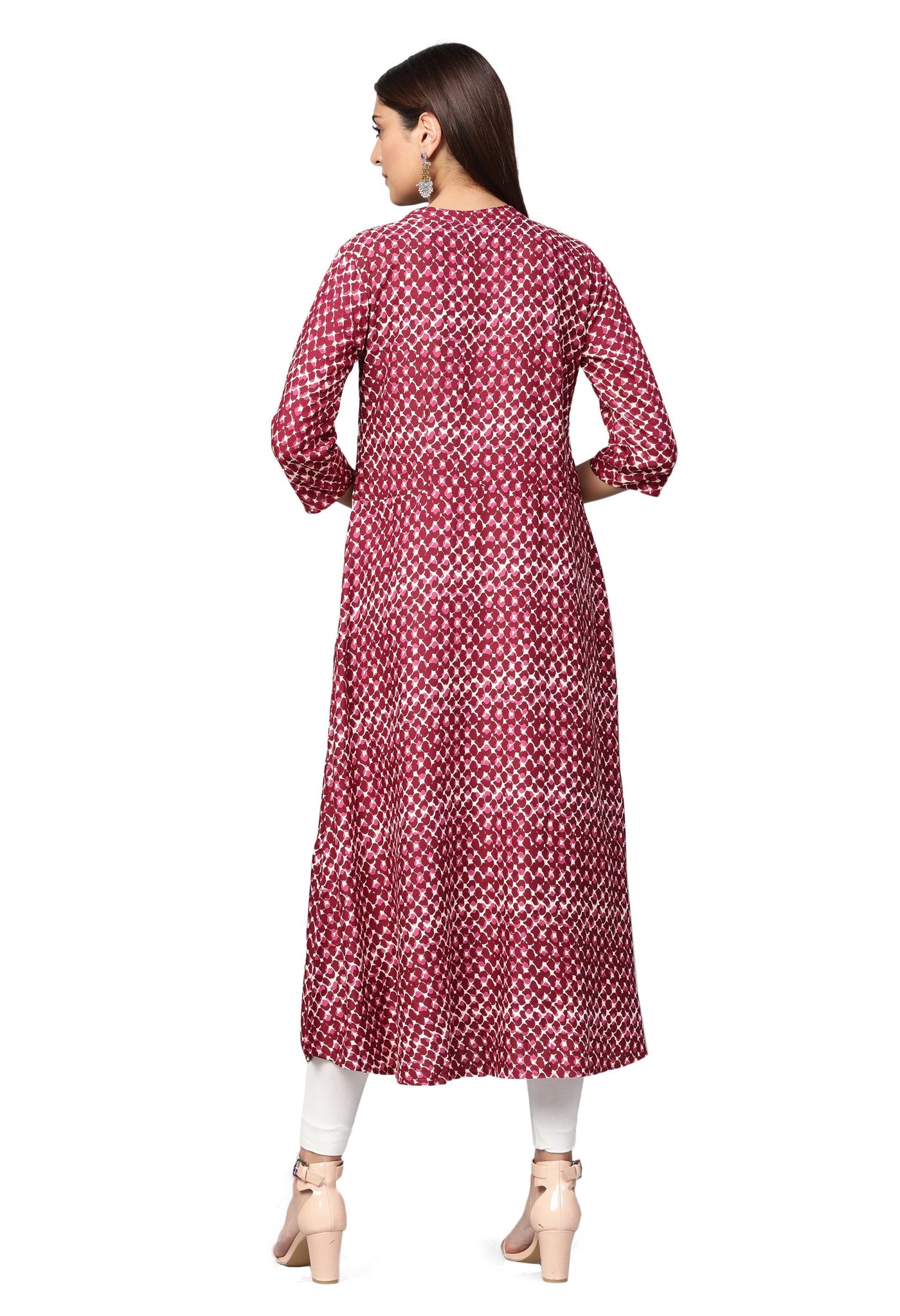 Women's Pink Rayon Printed 3/4 Sleeve Mandarin Neck Casual Kurta Only