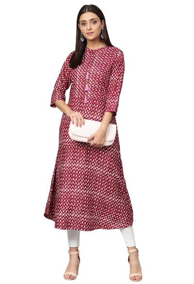 Women's Pink Rayon Printed 3/4 Sleeve Mandarin Neck Casual Kurta Only