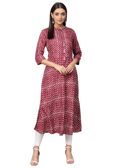 Women's Pink Rayon Printed 3/4 Sleeve Mandarin Neck Casual Kurta Only