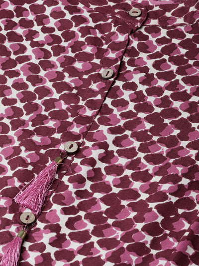 Women's Pink Rayon Printed 3/4 Sleeve Mandarin Neck Casual Kurta Only