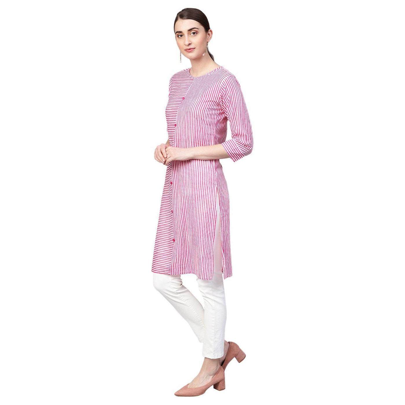 Women's Pink Cotton Printed Half Sleeve Round Neck Casual Kurta Only