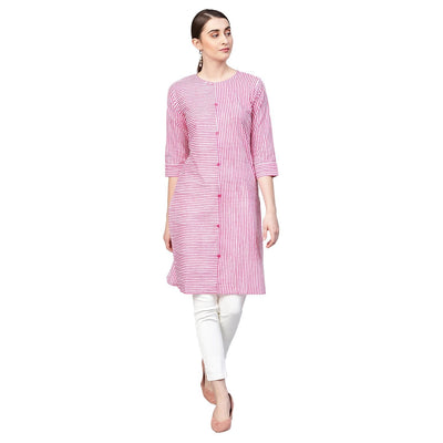 Women's Pink Cotton Printed Half Sleeve Round Neck Casual Kurta Only