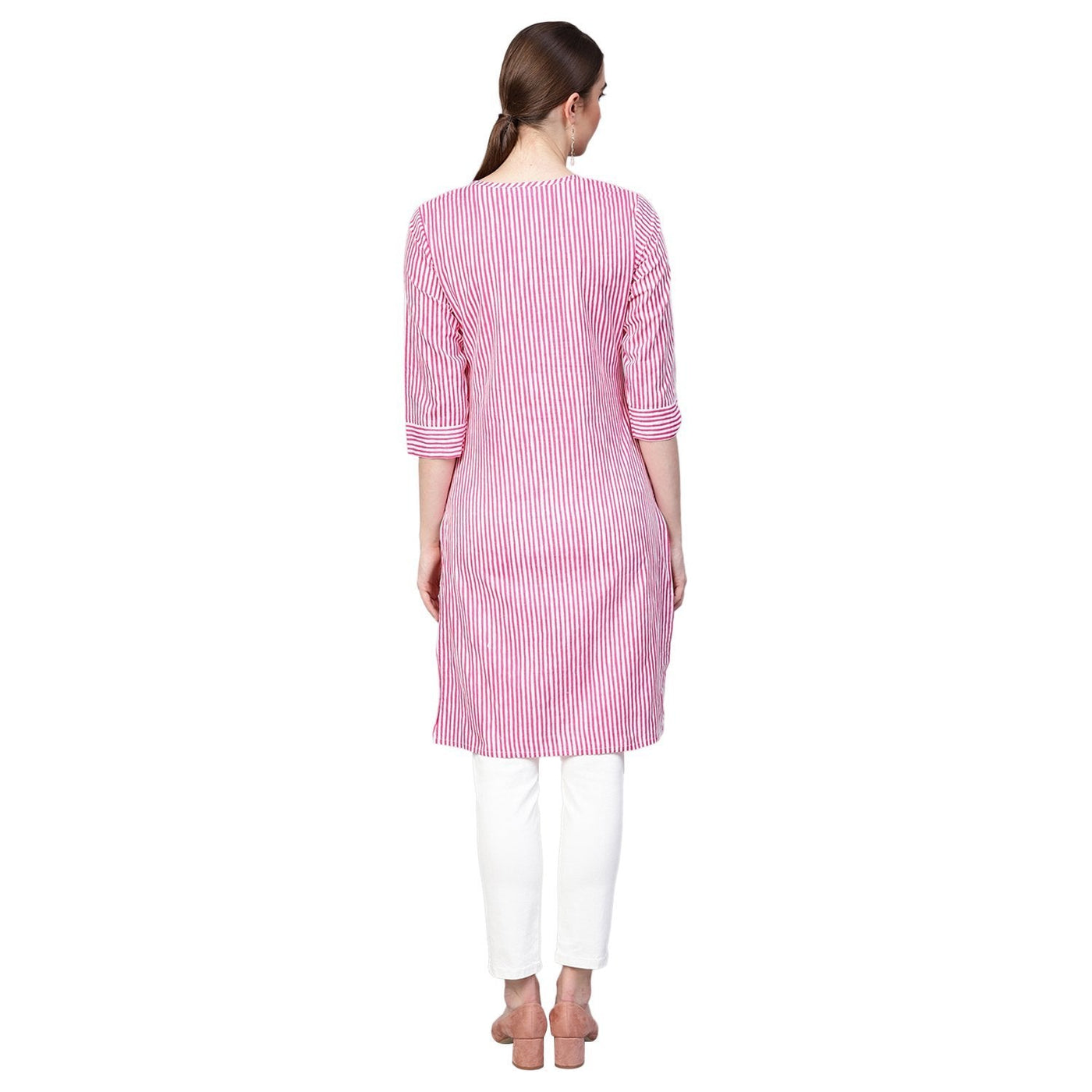 Women's Pink Cotton Printed Half Sleeve Round Neck Casual Kurta Only