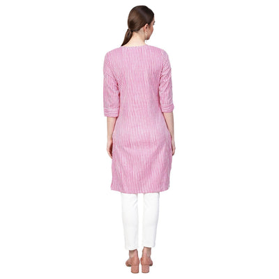 Women's Pink Cotton Printed Half Sleeve Round Neck Casual Kurta Only