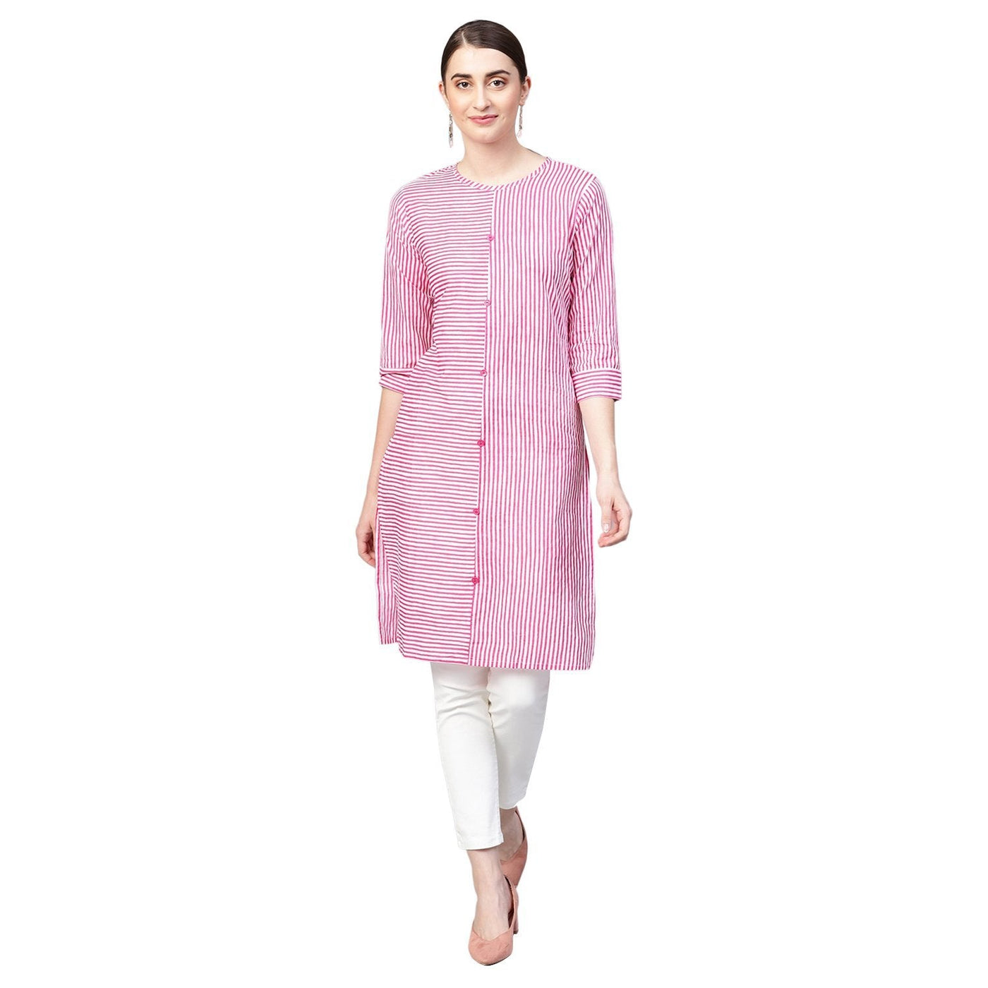 Women's Pink Cotton Printed Half Sleeve Round Neck Casual Kurta Only