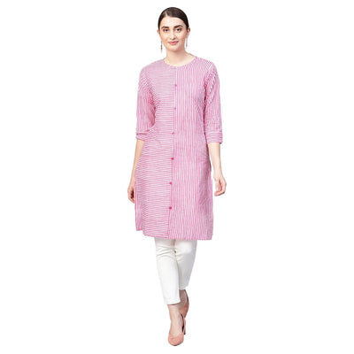 Women's Pink Cotton Printed Half Sleeve Round Neck Casual Kurta Only