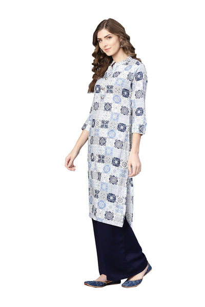 Women's Blue Cotton Printed 3/4 Sleeve Collar Neck Kurta Only