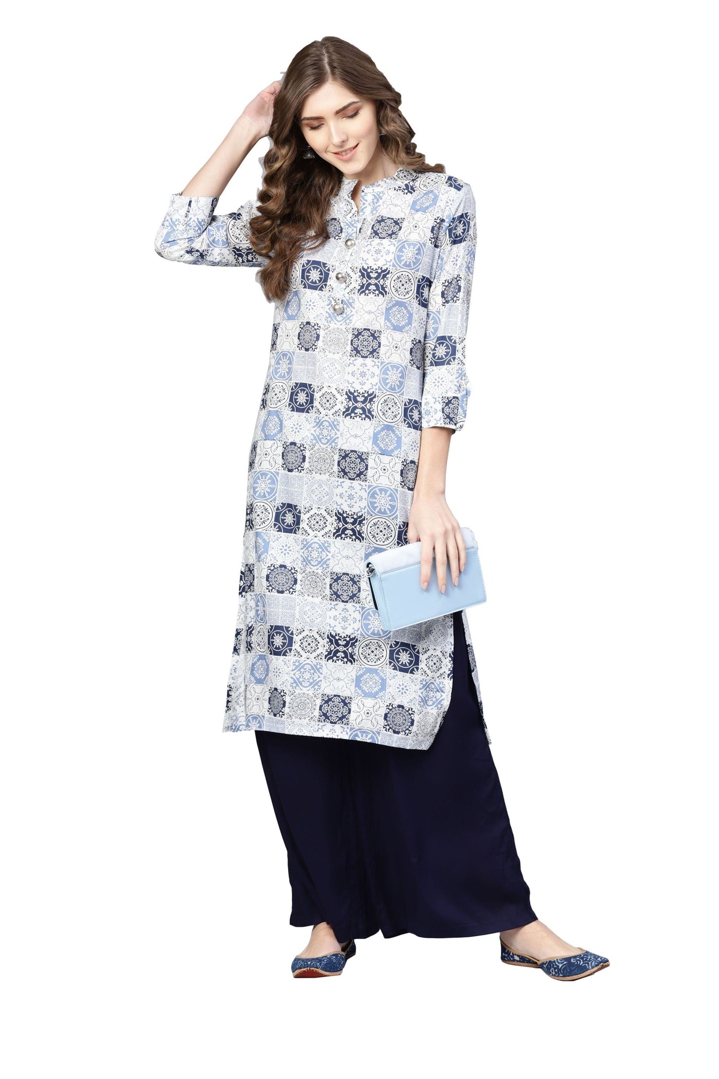 Women's Blue Cotton Printed 3/4 Sleeve Collar Neck Kurta Only