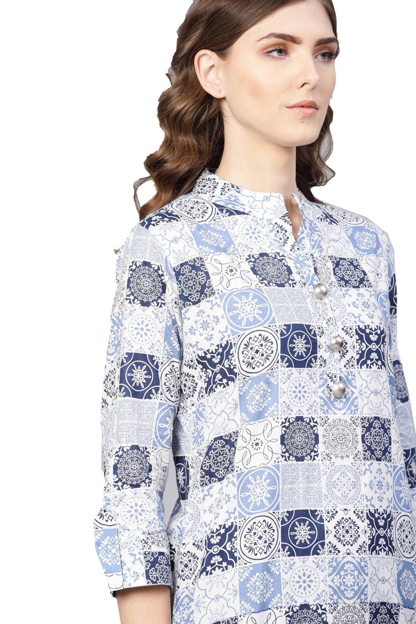 Women's Blue Cotton Printed 3/4 Sleeve Collar Neck Kurta Only