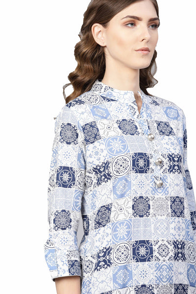 Women's Blue Cotton Printed 3/4 Sleeve Collar Neck Kurta Only