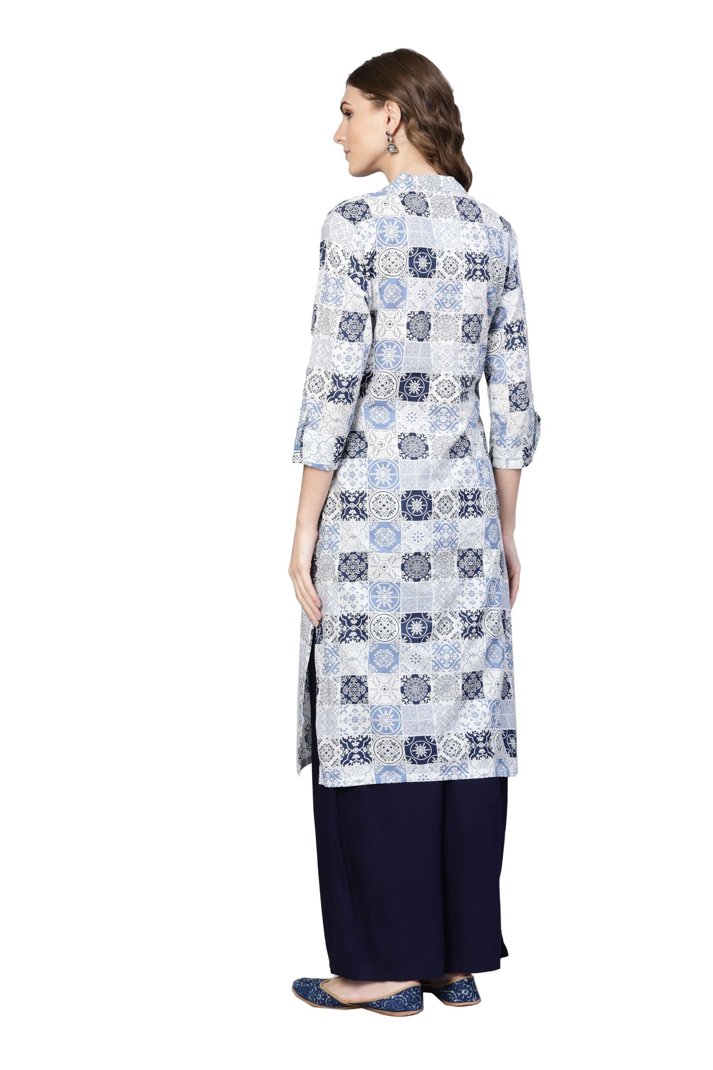Women's Blue Cotton Printed 3/4 Sleeve Collar Neck Kurta Only
