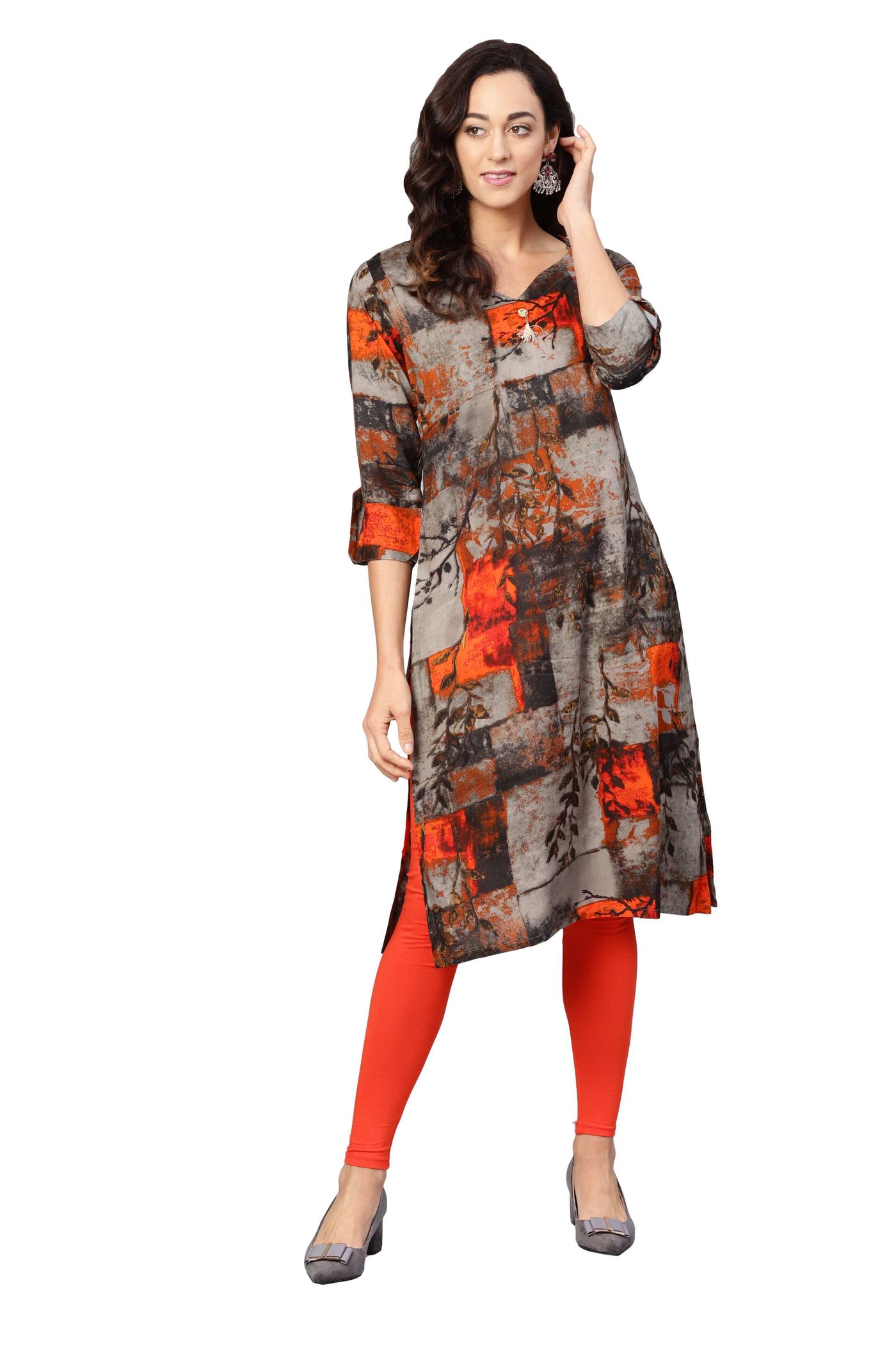 Women's Black Cotton Printed 3/4 Sleeve V-Neck Kurta Only