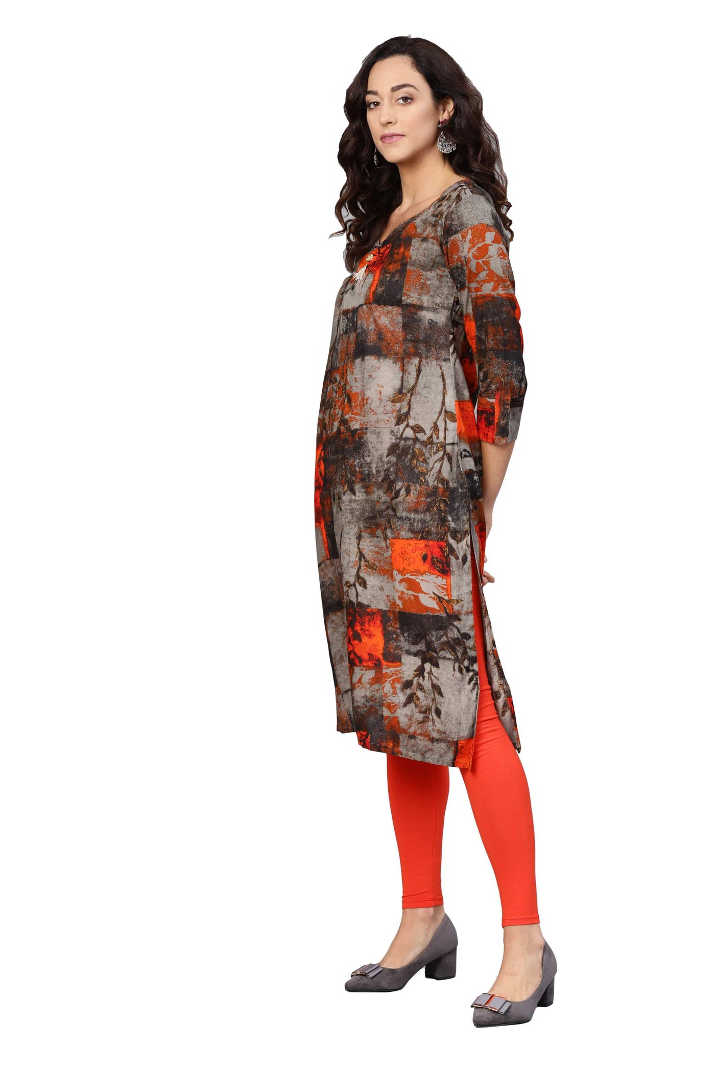 Women's Black Cotton Printed 3/4 Sleeve V-Neck Kurta Only